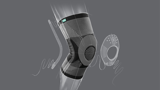 Dibujo sujeción perfecta con cualquier movimiento Representación gráfica de las varillas estabilizadoras y del anillo patelar del vendaje de rodilla JuzoFlex Genu Xtra