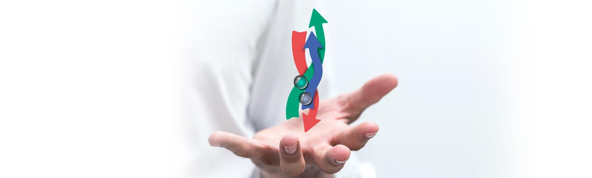 Simpósio de Linfologia da Academia Juzo setas coloridas pairando sobre mão