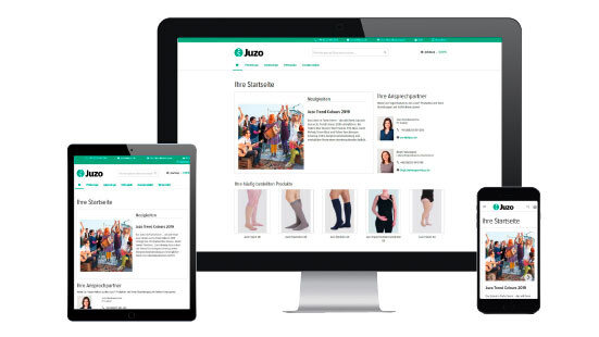 En skärm, en surfplatta och en smartphone där man ser startsidan för webbutiken En skärm, en surfplatta och en smartphone där man ser startsidan för webbutiken