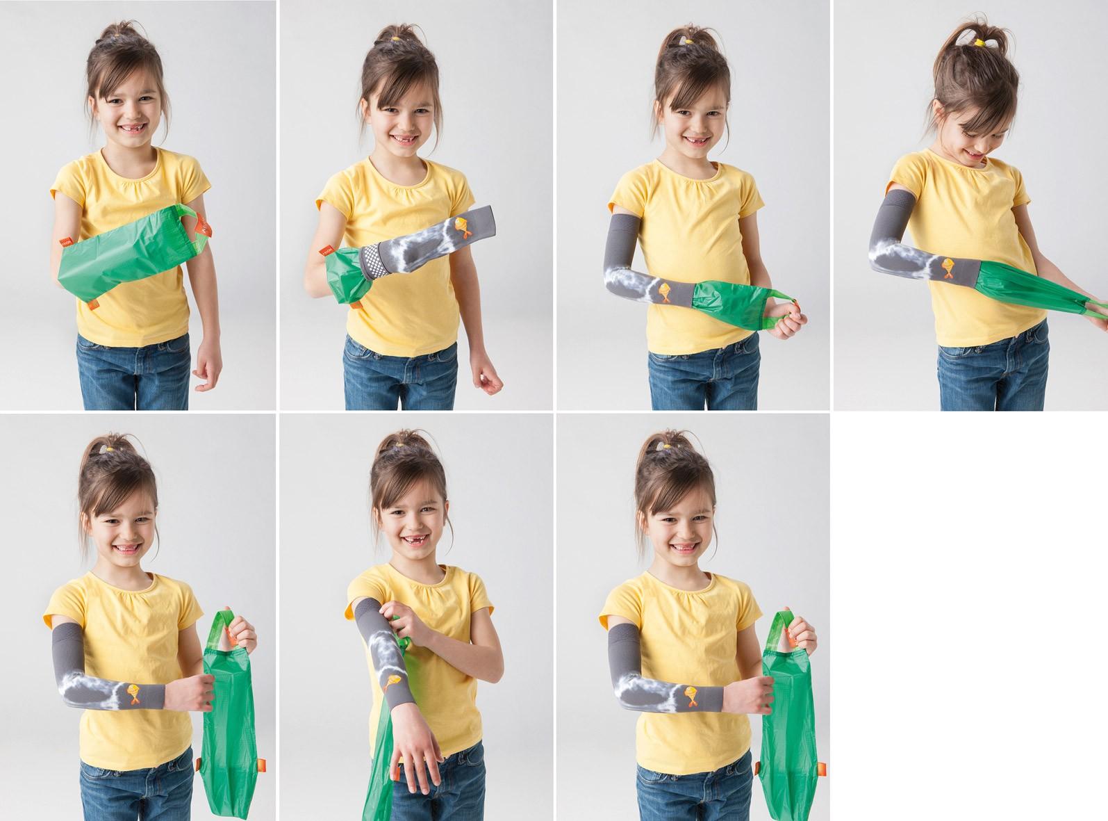 Instructions Arion Easy-Slide Bras La petite fille utilise Arion Easy-Slide Bras pour enfiler le vêtement de compression