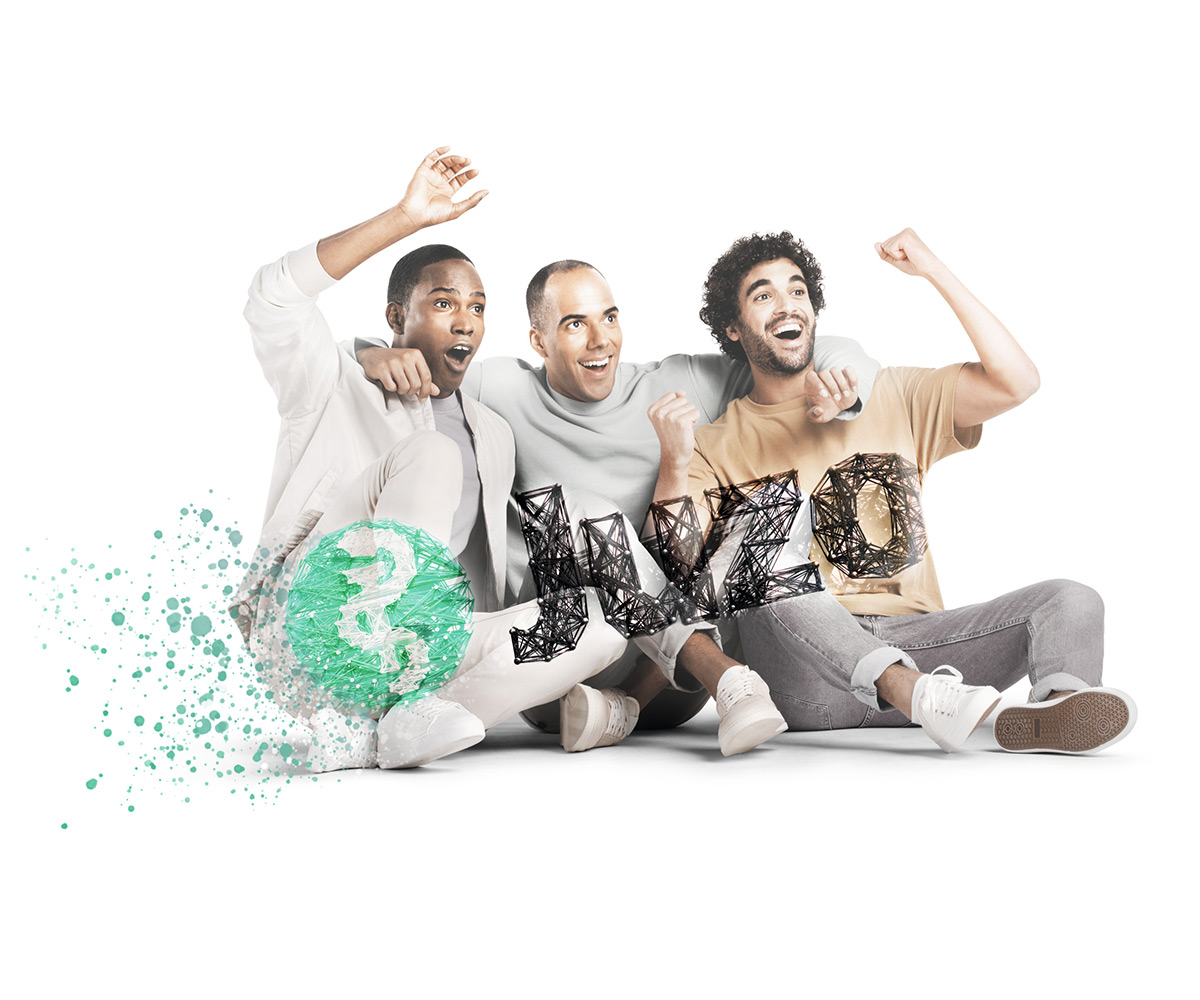 Three men are sitting on the floor cheering; the Juzo logo is in the foreground Three men are sitting on the floor cheering; the Juzo logo is in the foreground