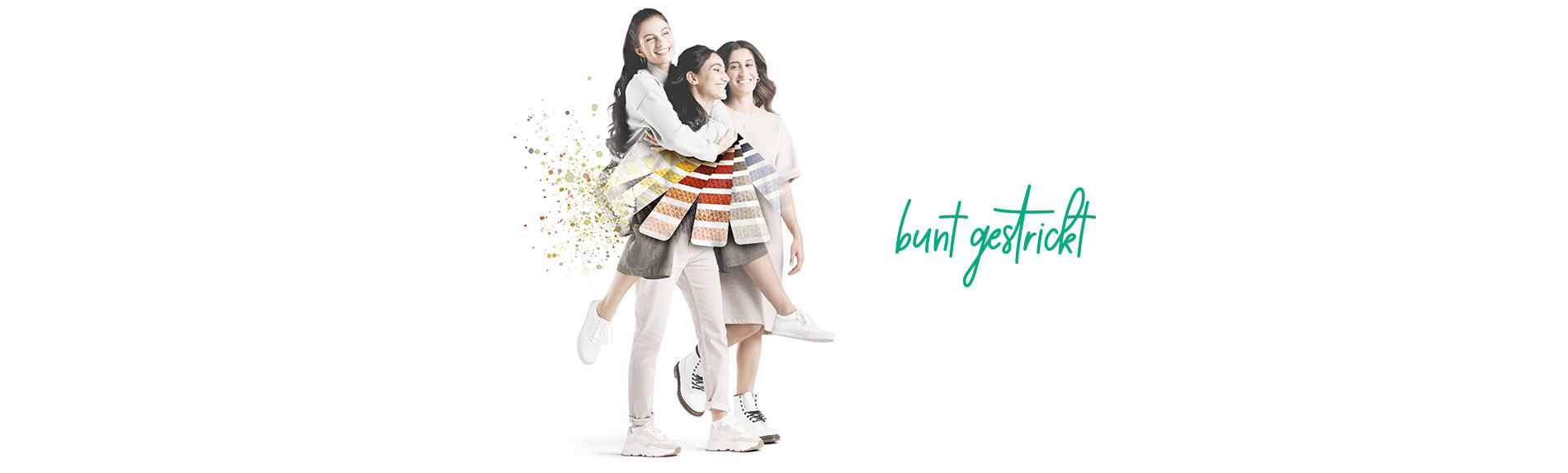 Drei Freundinnen und ein Farbfächer. Daneben der Schriftzug "bunt gestrickt"