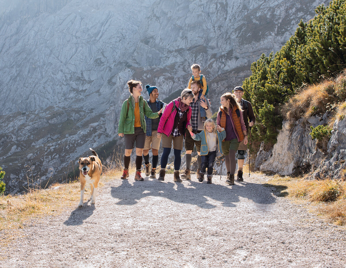 Grupp vandrare på en bergsstig, några med kompressionsstrumpor och bandage, åtföljda av en hund framför en klippig bakgrund.