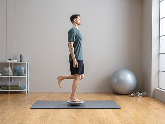 Exercise 1: Standing on one leg on balance board with knee bend